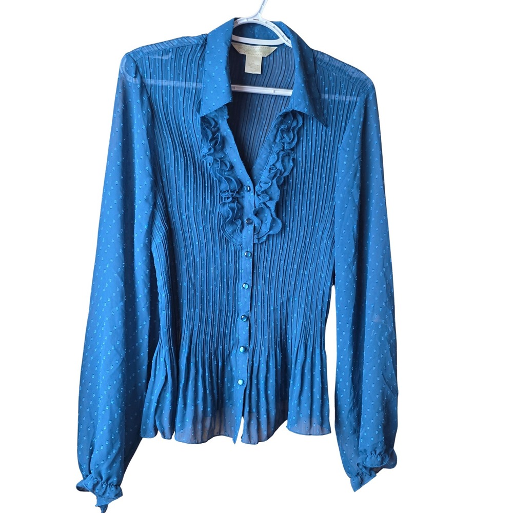 New York City Design Studio XL Blue Pleated Ruffle Blouse Sheer Dotted Top